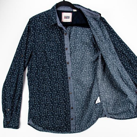 Floral Button-Up Chambray Trim – Men’s Medium Long Sleeve Casual | Vintage Red - Picture 8 of 12